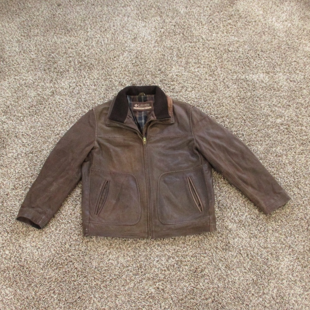 Columbia Leather Jacket Men's Large Brown Full Zip Blanket Lined